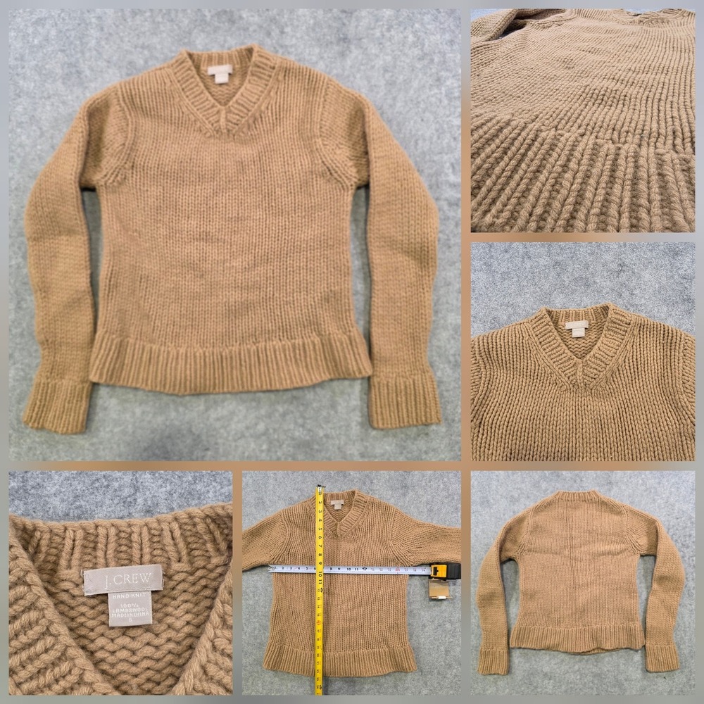 J Crew Sweater Womens Small Brown Hand Knit Lambswool V Neck Chunky Knit Ribbed
